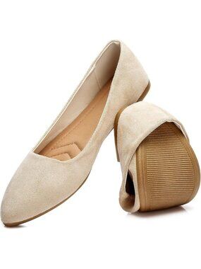 Women’s Beige Flats Comfortable Suede Pointed Toe Slip Casual Ballet Flats Shoes